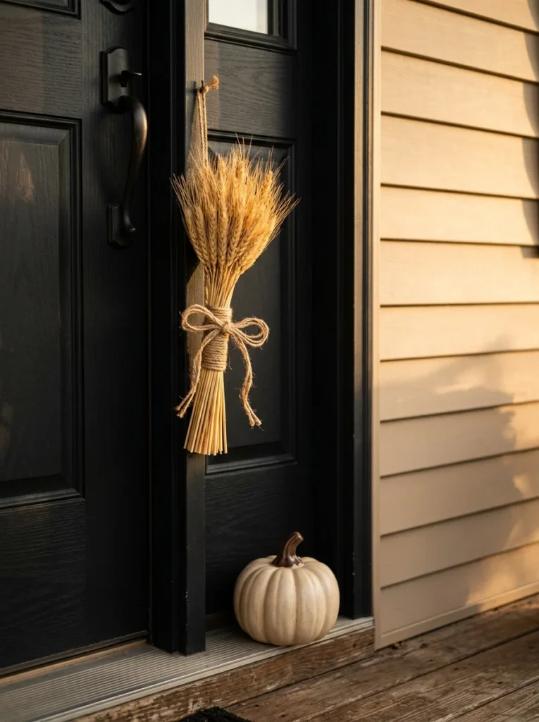 A dried wheat bundle adds warm texture to an inexpensive fall front door.
