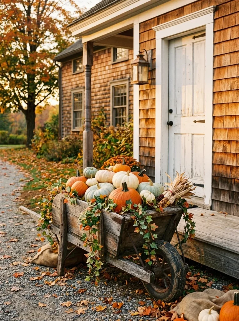 A rustic wheelbarrow filled with pumpkins creates charming fall porch decor