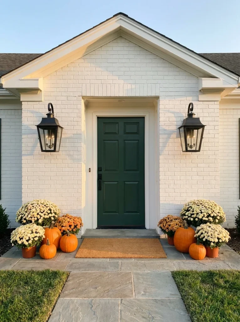 Matching black lanterns framing a green front door for fall