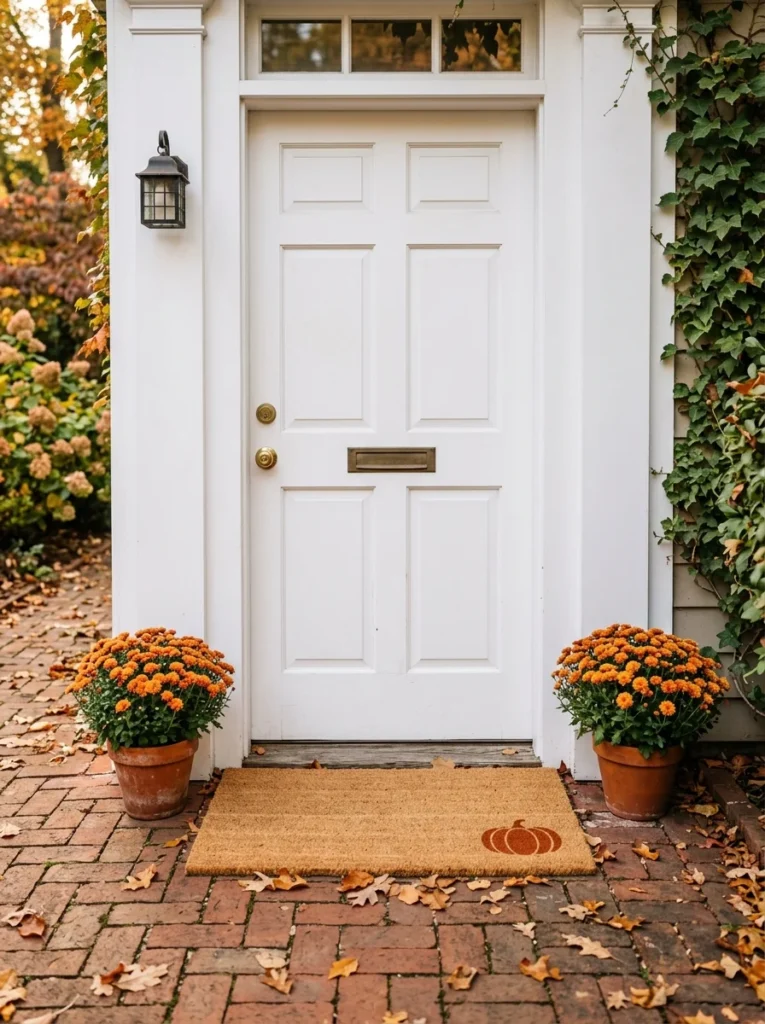 A simple painted coir mat with mums for cozy fall front porch decor.