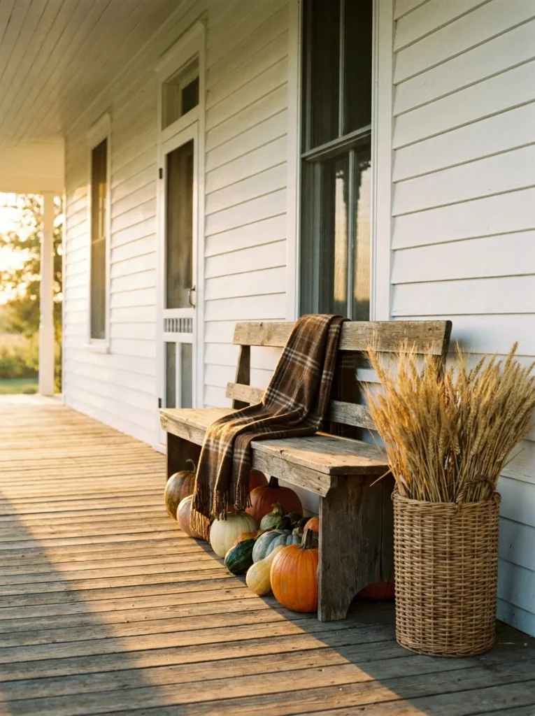 Rustic farmhouse bench with pumpkins and dried wheat for fall