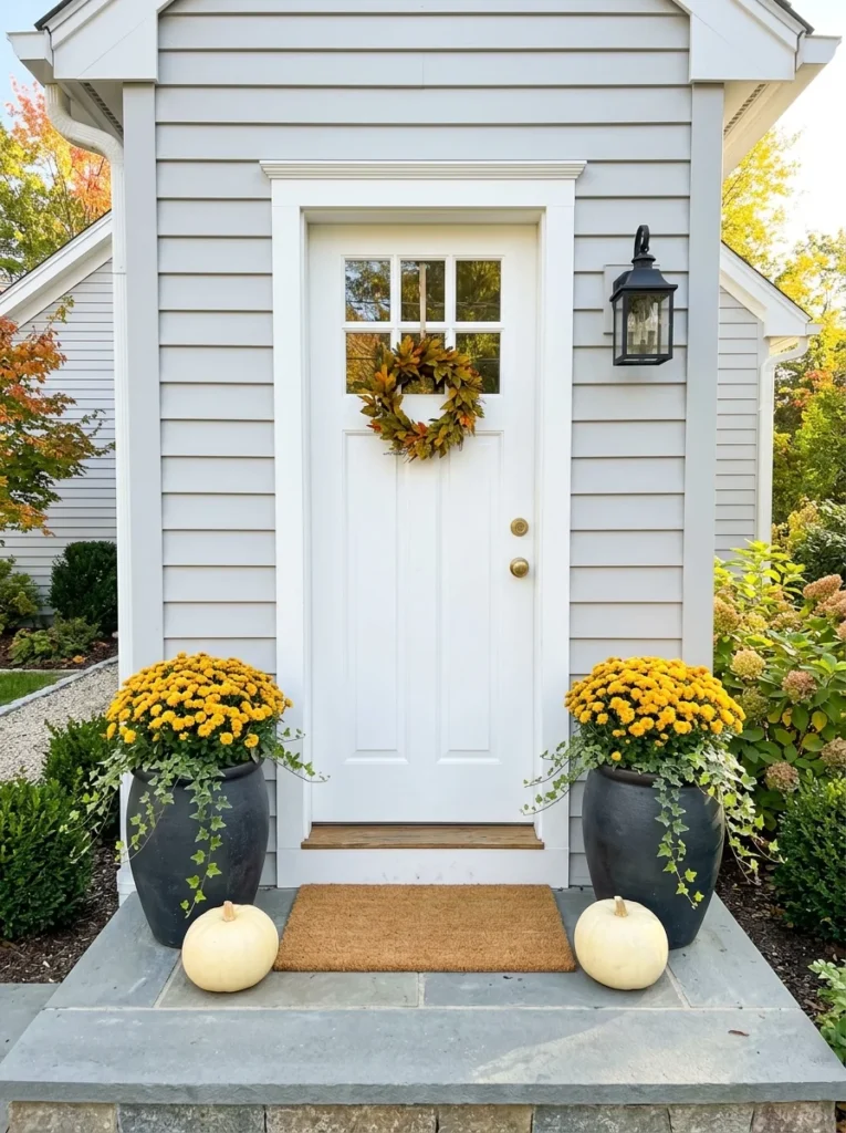 Matching planters and golden mums frame a front door for affordable autumn decorating.
