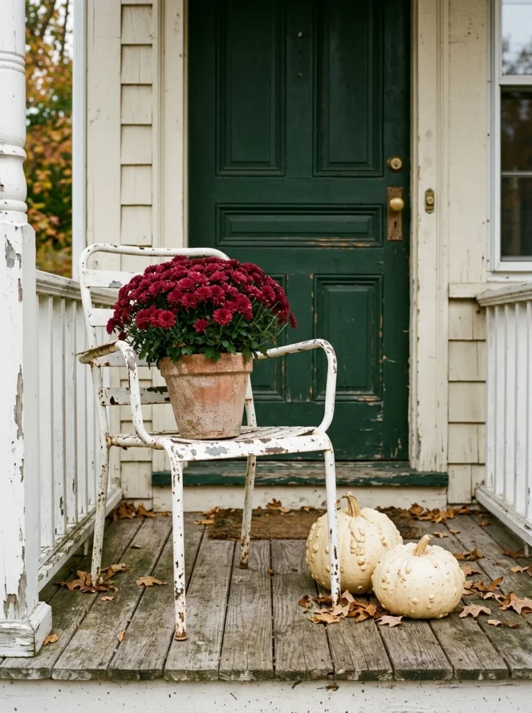 A vintage metal chair repurposed as a colorful fall plant stand.