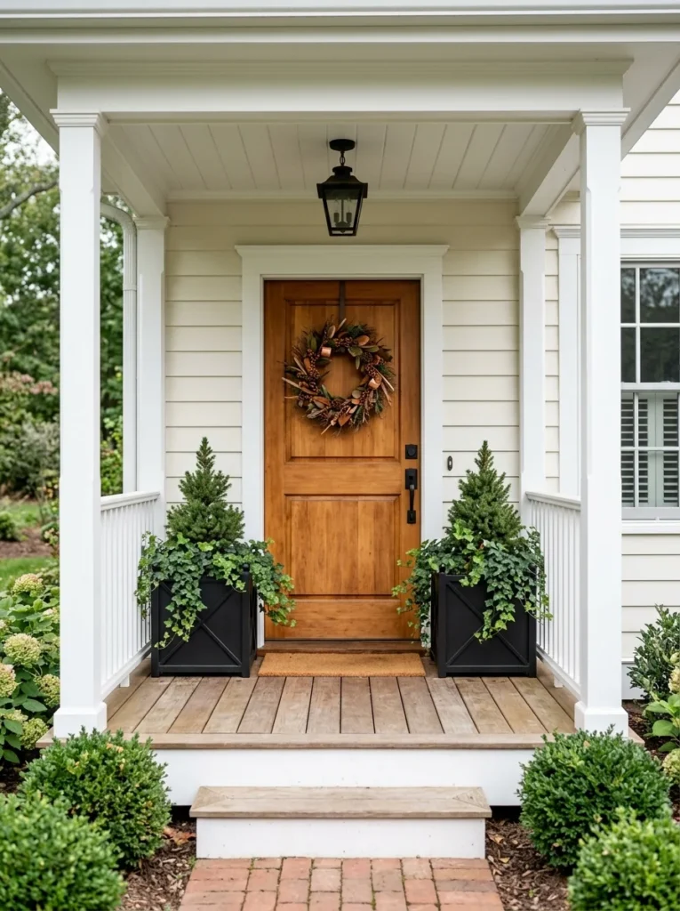 Matching planters framing a small fall front entrance.