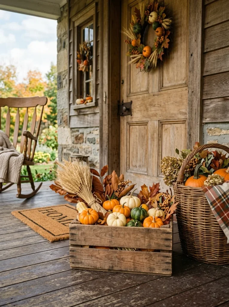Rustic wooden crate filled with miniature pumpkins on a farmhouse porch.