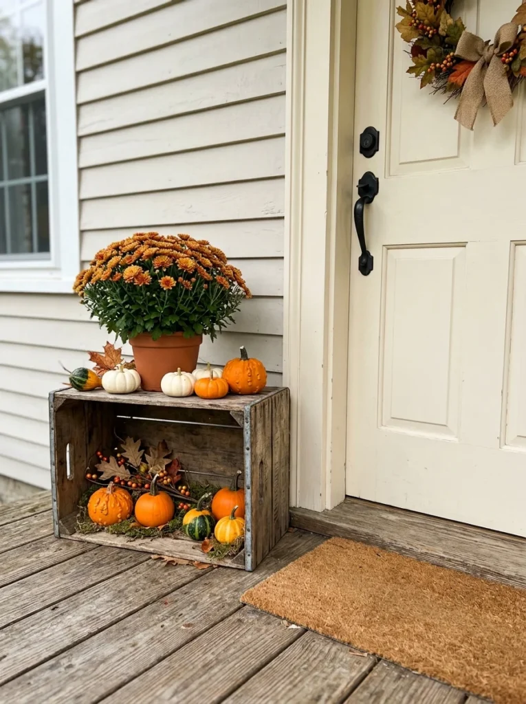 A thrifted wooden crate used as a pumpkin stand on a small fall porch.