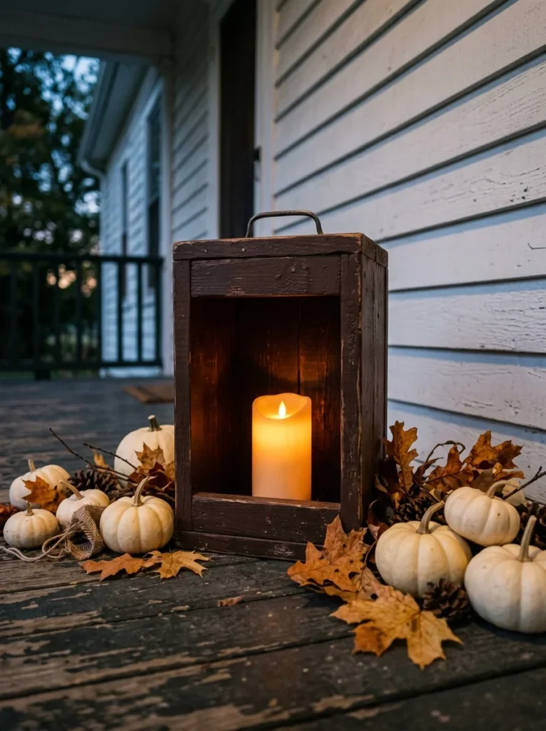 Wooden lantern box with warm lighting for rustic farmhouse fall porch decor.