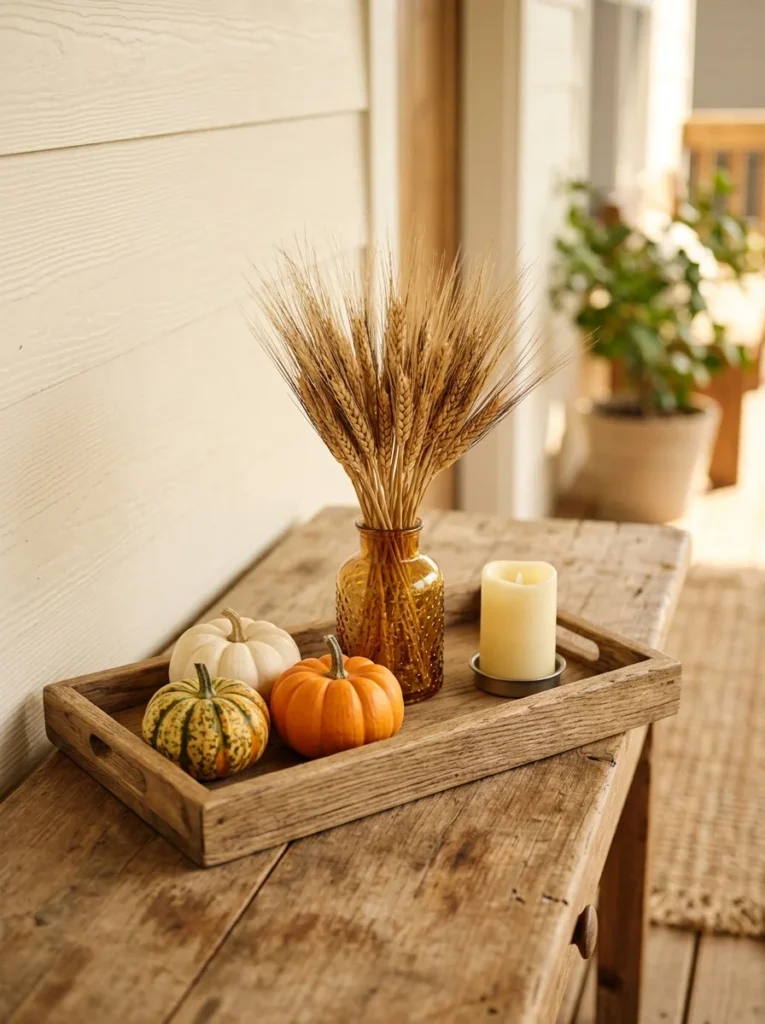 A small tray arrangement adds autumn charm to a narrow porch surface.
