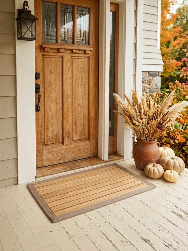 A taupe-bordered wooden mat adds a handmade touch to neutral autumn entry decor.