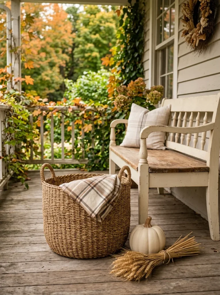 A woven basket with a neutral plaid throw adds cozy texture to a fall porch.