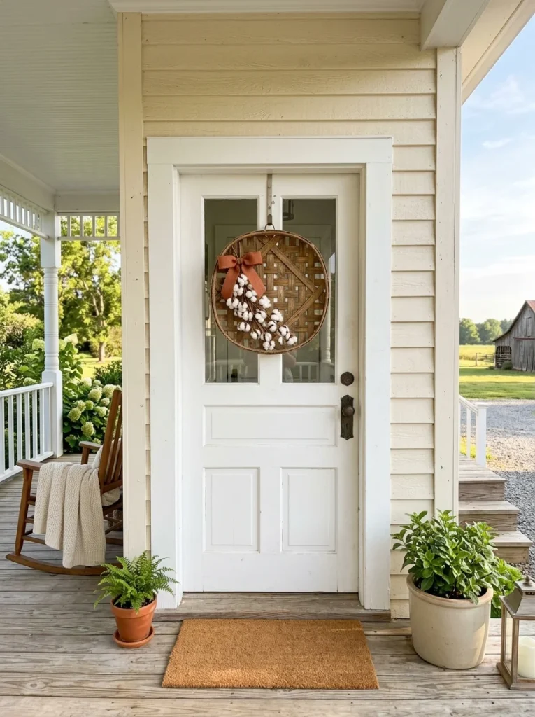 Woven tobacco basket decorating a farmhouse front door for fall.