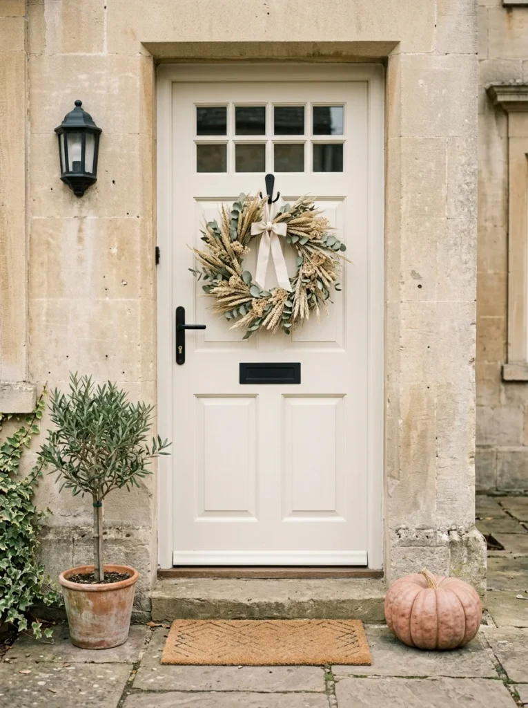 Dried wheat and eucalyptus wreath with a pumpkin on an apartment entry.